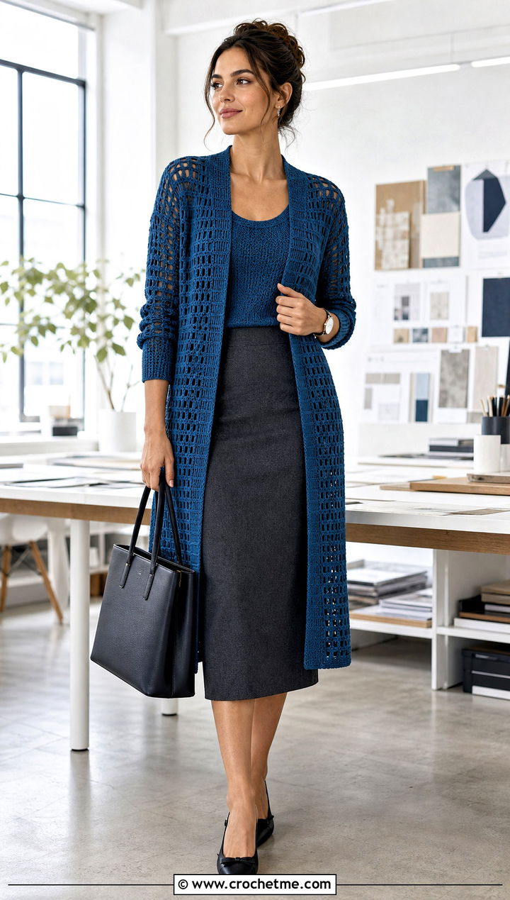 Filet Crochet Long Sweater With Midi Pencil Skirt - 35 crochet long sweater outfit ideas