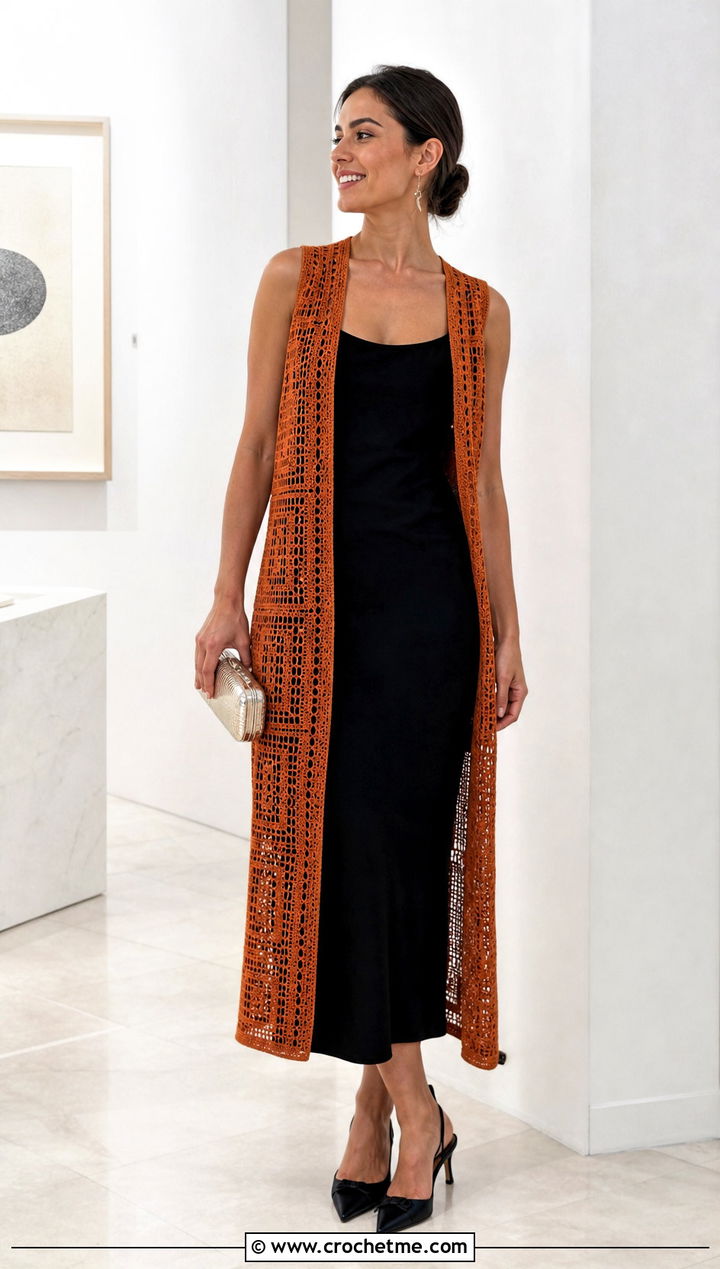 Filet Crochet Long Vest With A Black Midi Dress - 25 Easy Crochet Long Vest outfit ideas