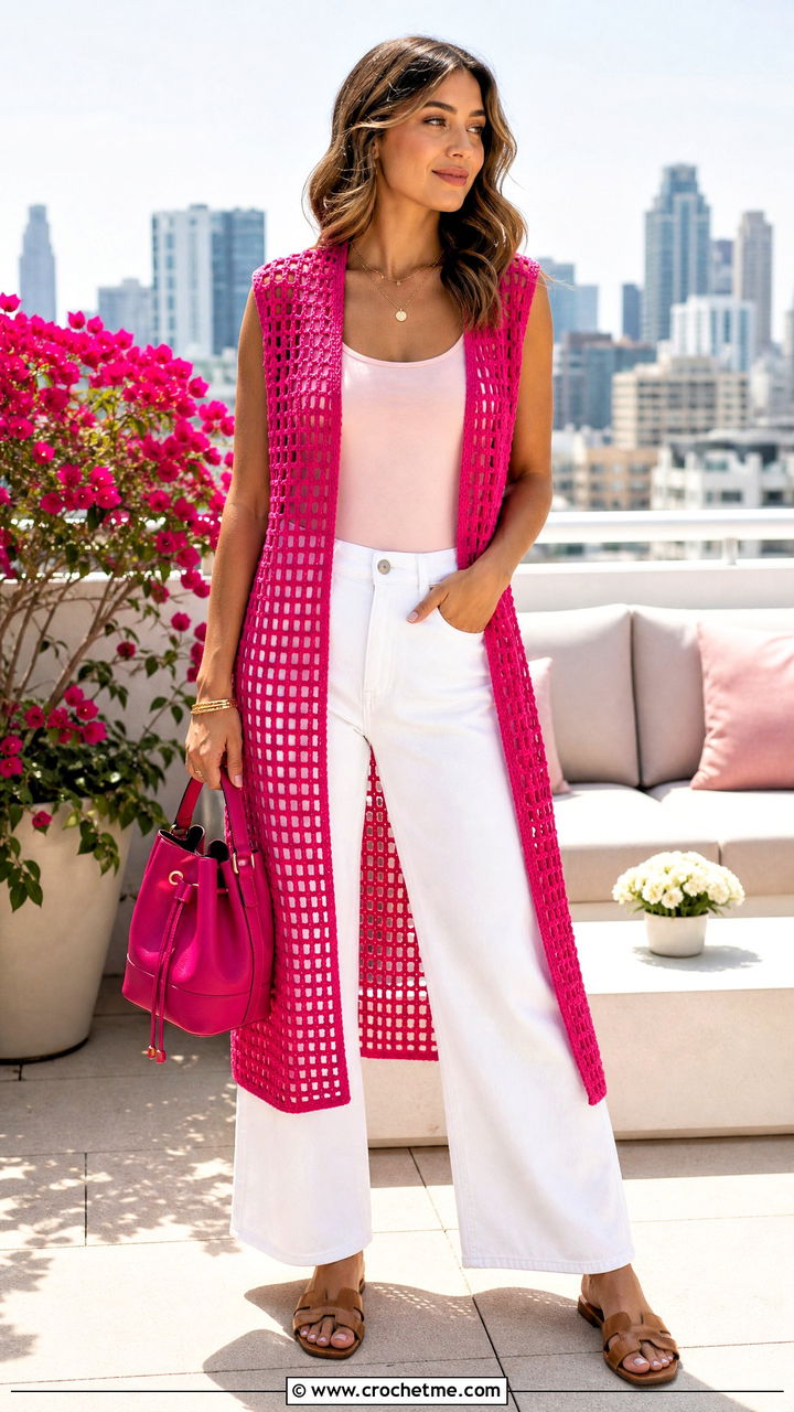 Filet Crochet Long Vest With White Jeans - 35 Crochet Long Vest outfit ideas