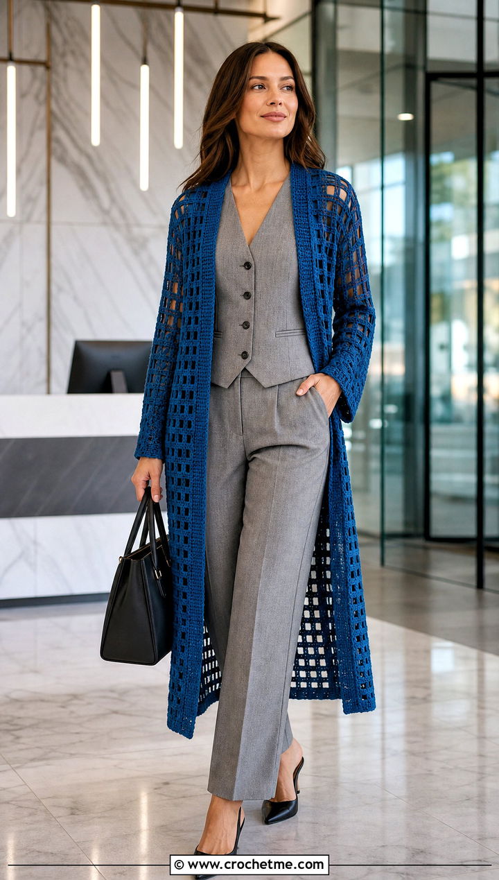 Filet Crochet Longline Cardigan With Tailored Suit - 20 Crochet Longline Cardigan outfit ideas