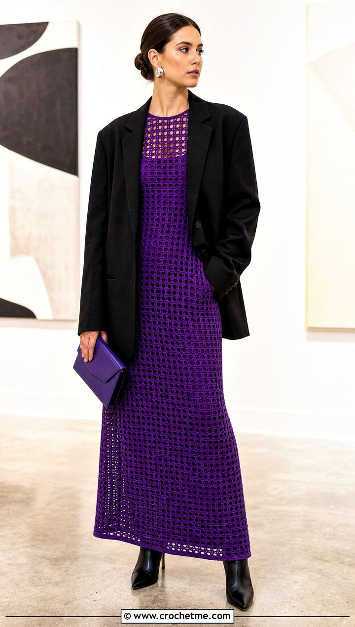 Filet Crochet Maxi Dress With Tailored Blazer - 30 crochet thread clothes and outfit ideas