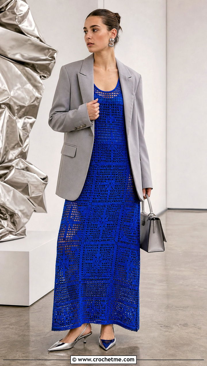 Filet Crochet Maxi Nightgown With Tailored Blazer - 35 crochet nightgown outfit ideas