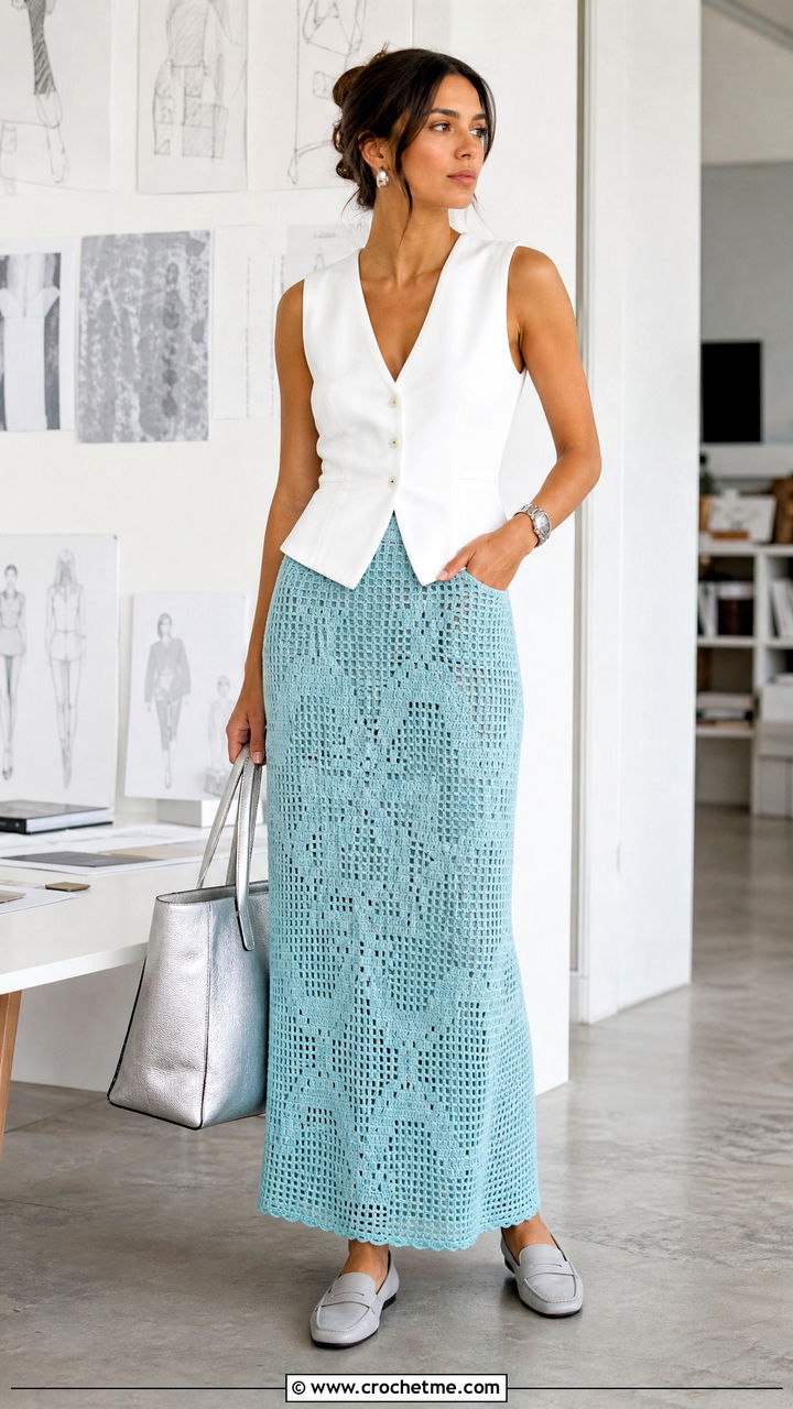 Filet Crochet Maxi Skirt With Crisp Vest And Loafers - 35 crochet flowy skirt outfit ideas