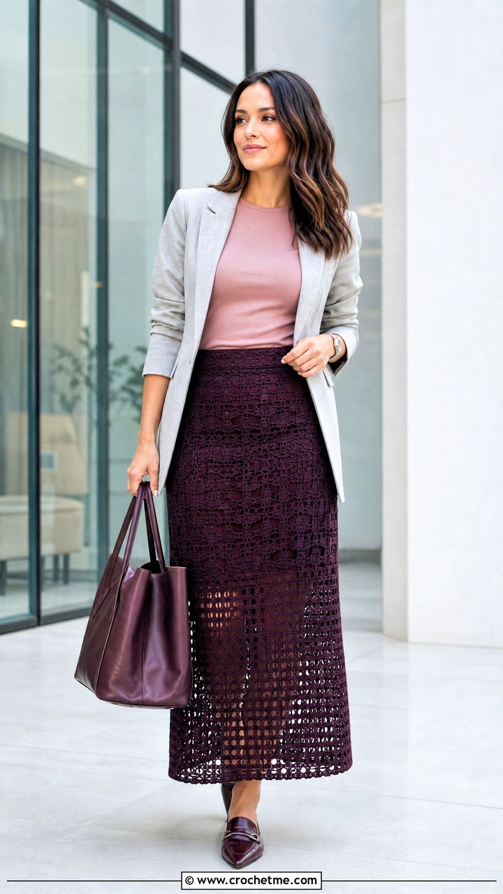 Filet Crochet Maxi Skirt With Tailored Blazer - 35 crochet maxi skirt outfit ideas