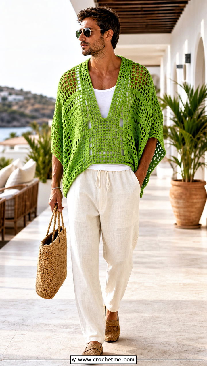Filet Crochet Mens Poncho With Resort Wear - 25 crochet men's poncho outfit ideas