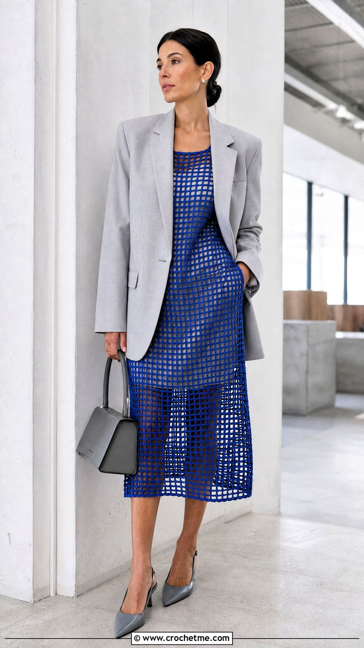Filet Crochet Mesh Midi Dress With Tailored Blazer - 35 crochet mesh dress outfit ideas