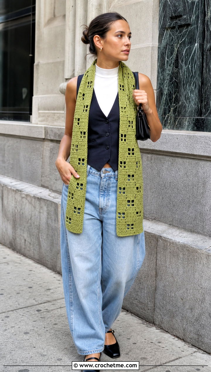 Filet Crochet Mesh Scarf With Vest And Barrel Jeans - 25 Crochet Mesh Scarf outfit ideas