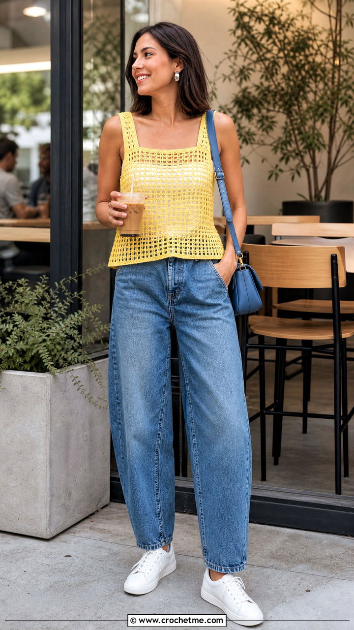 Filet Crochet Mesh Tank With Barrel Jeans - 35 filet crochet top outfit ideas