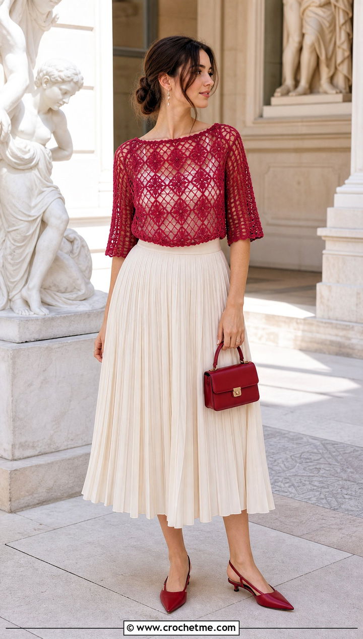 Filet Crochet Mesh Top With Pleated Midi Skirt - 25 Cute Crochet Mesh Top outfit ideas