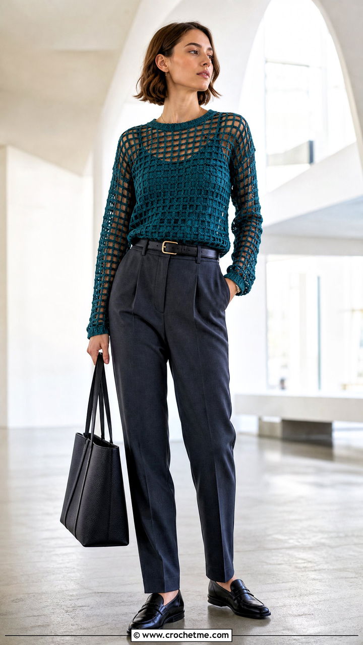 Filet Crochet Mesh Top With Tailored Trousers - 35 crochet mesh top outfit ideas
