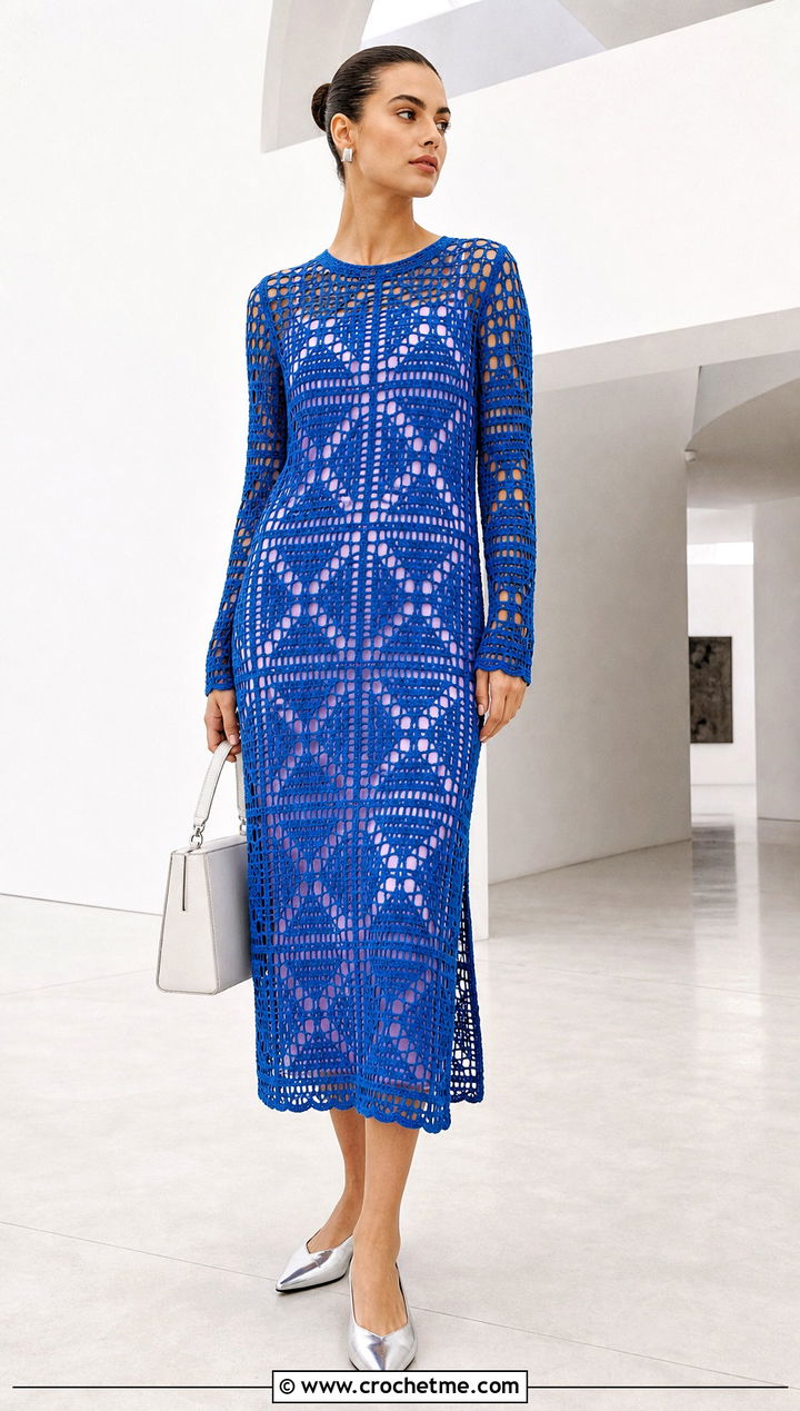 Filet Crochet Midi Dress With Pointed Flats - 30 women crochet summer dress outfit ideas