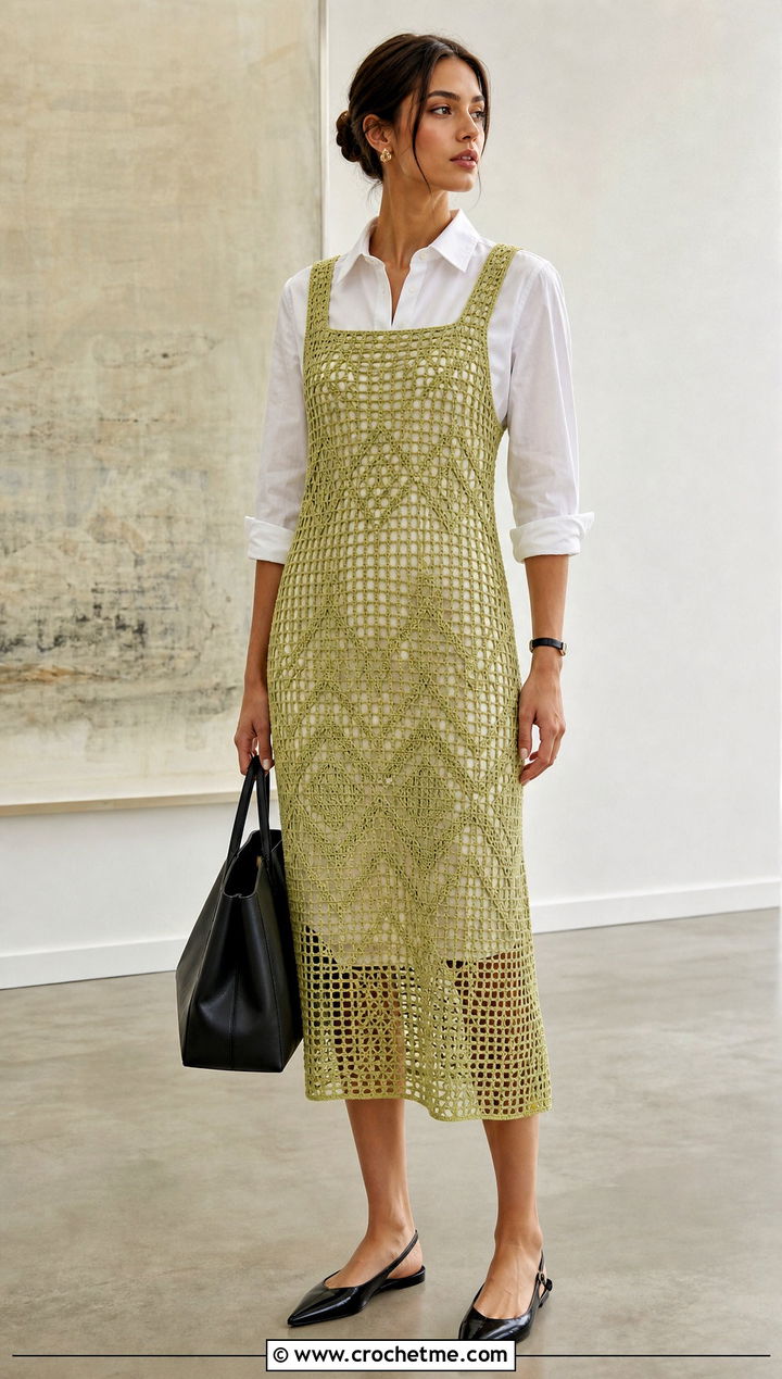 Filet Crochet Midi Dress With Poplin Shirt - 15 Spell Crochet Dress outfit ideas