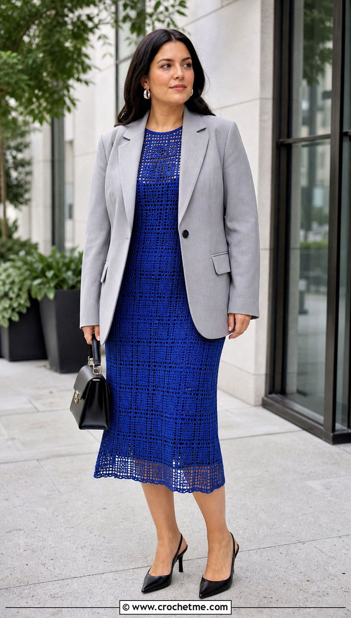 Filet Crochet Midi Dress With Tailored Blazer - 35 vintage crochet dress outfit ideas