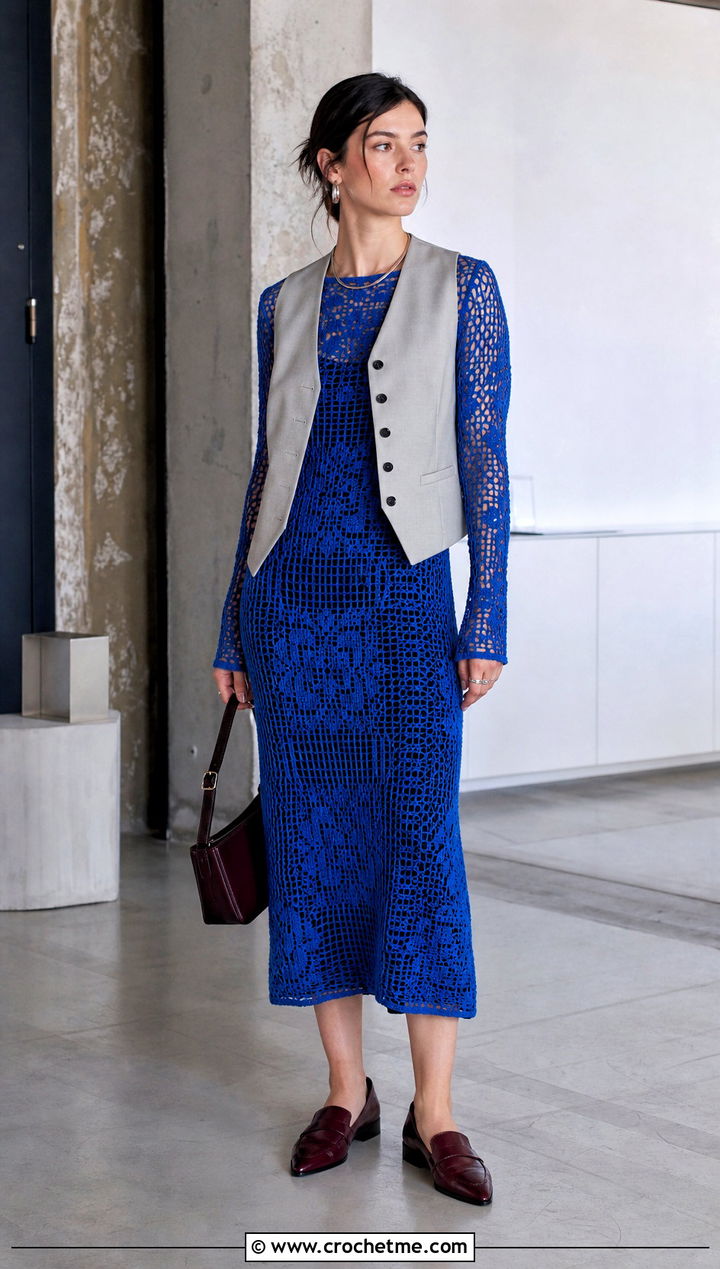 Filet Crochet Midi Dress With Tailored Vest - 35 long sleeve crochet dress outfit ideas