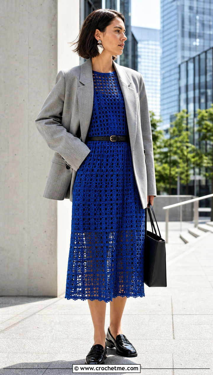 Filet Crochet Midi Frock With Oversized Blazer - 35 crochet frock outfit ideas