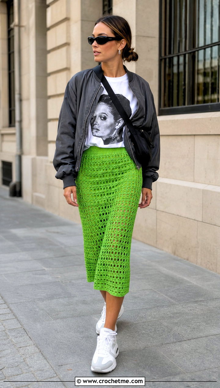 Filet Crochet Midi Skirt With Graphic T Shirt - 35 easy crochet skirt outfit ideas