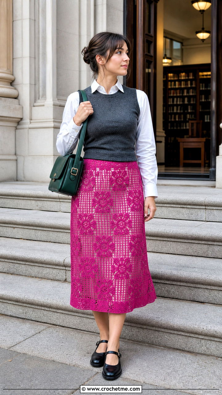 Filet Crochet Midi Skirt With Sweater Vest - 35 crochet skirts outfit ideas