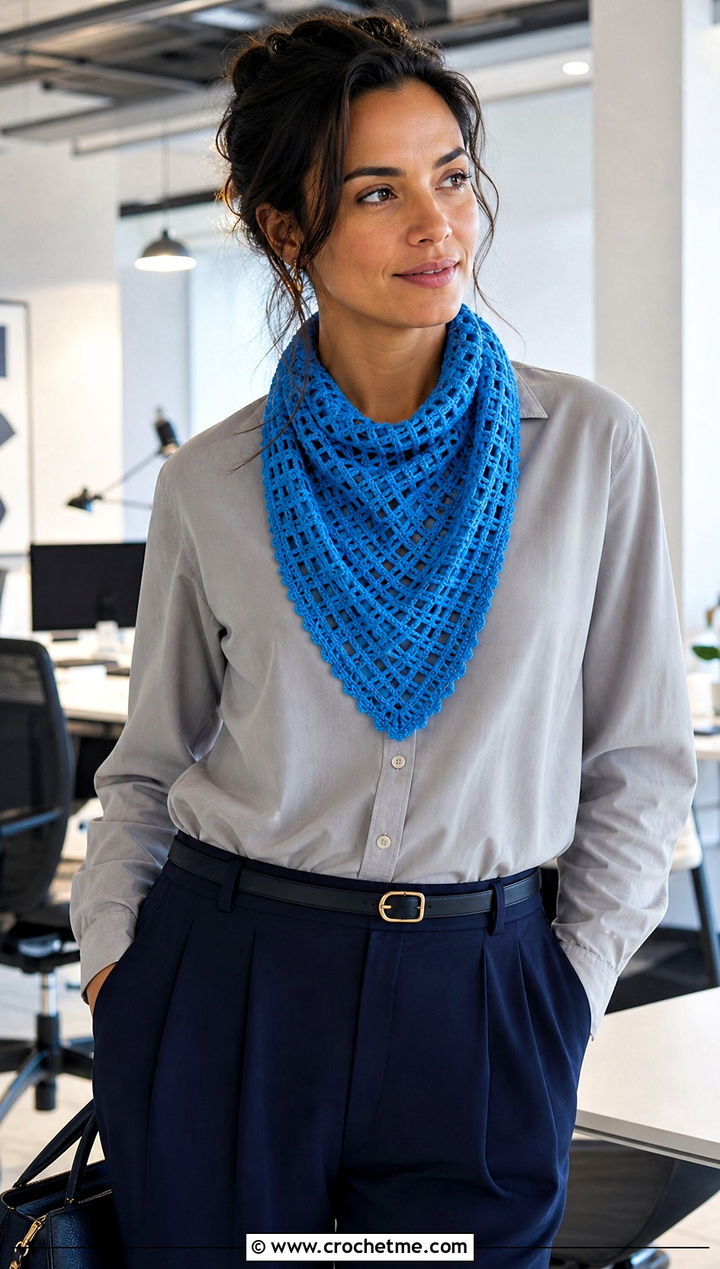 Filet Crochet Mini Scarf With Button Down Shirt - 30 mini crochet scarf outfit ideas