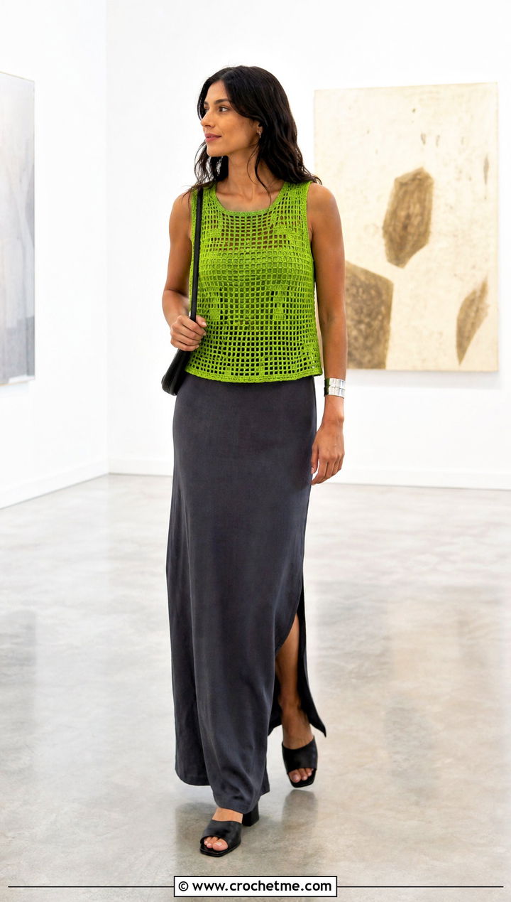 Filet Crochet Mohair Tank Top With Column Maxi Skirt - 25 Crochet Mohair Tank Top outfit ideas