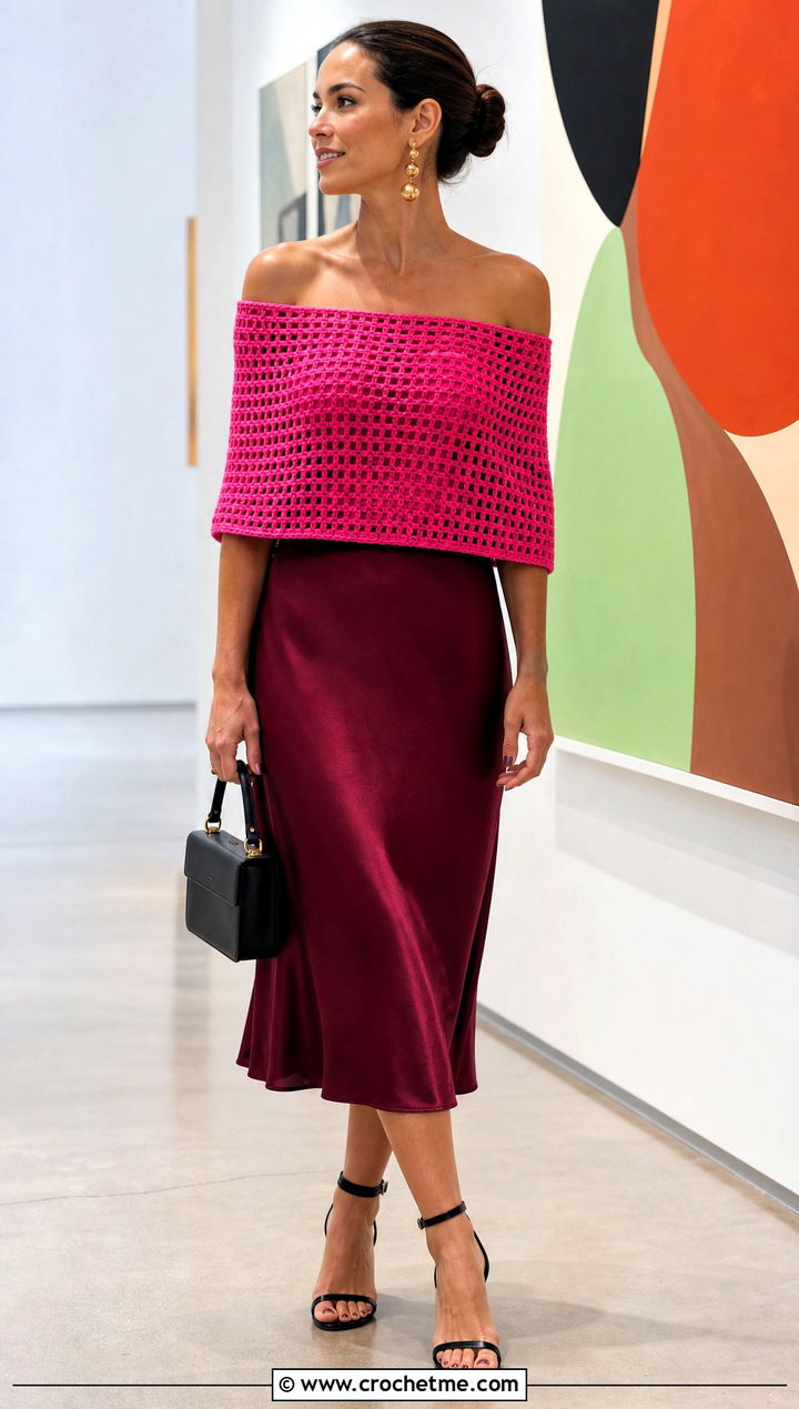 Filet Crochet Off Shoulder Top With Satin Midi Skirt - 30 Off Shoulder Crochet Top outfit ideas