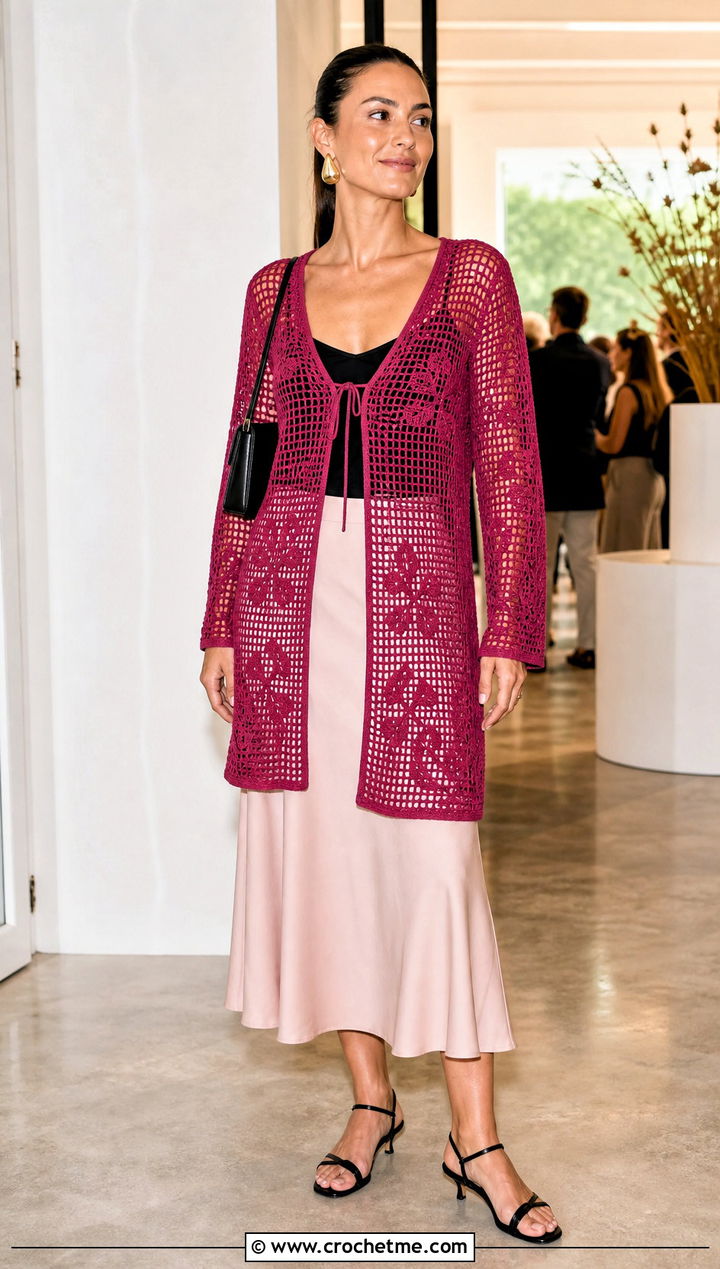 Filet Crochet One Piece Cardigan With Bias Cut Skirt - 30 crochet one piece cardigan outfit ideas