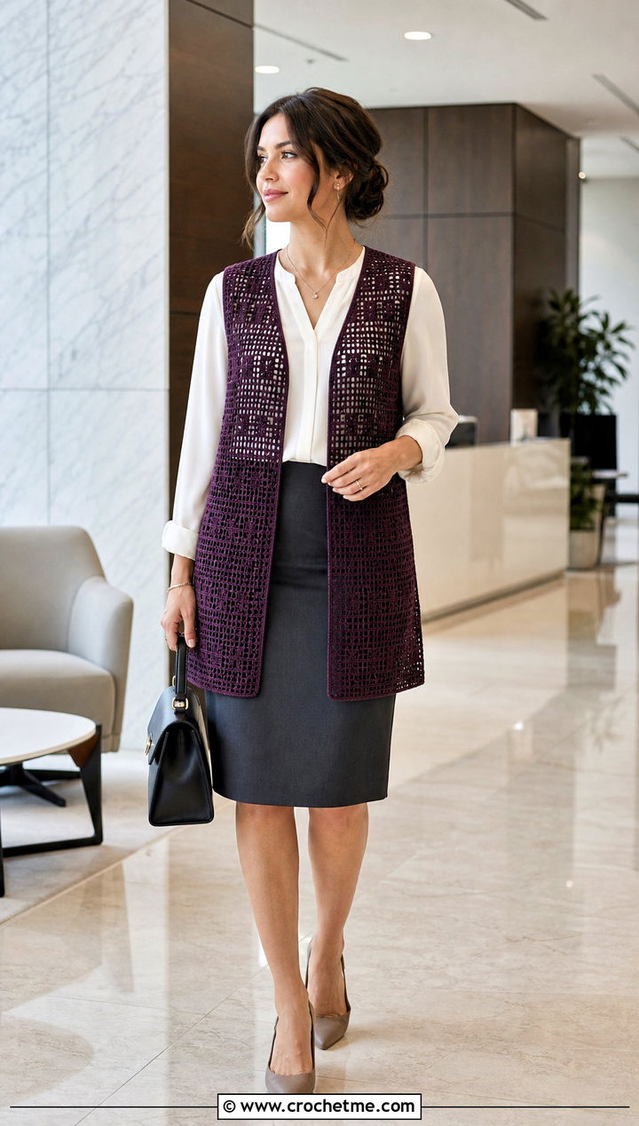 Filet Crochet Open Front Vest With Pencil Skirt And Blouse - 25 crochet open front vest outfit ideas