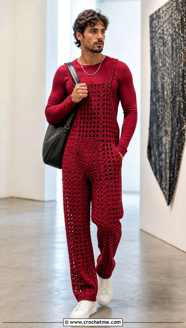Filet Crochet Overalls With Long Sleeve Base Layer - 15 crochet overalls men outfit ideas