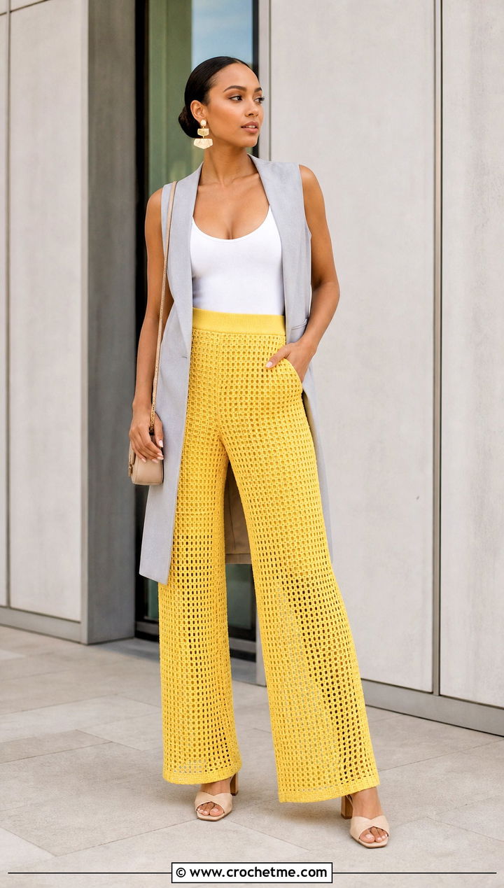 Filet Crochet Palazzo Pants With Longline Vest - 30 crochet palazzo pants outfit ideas