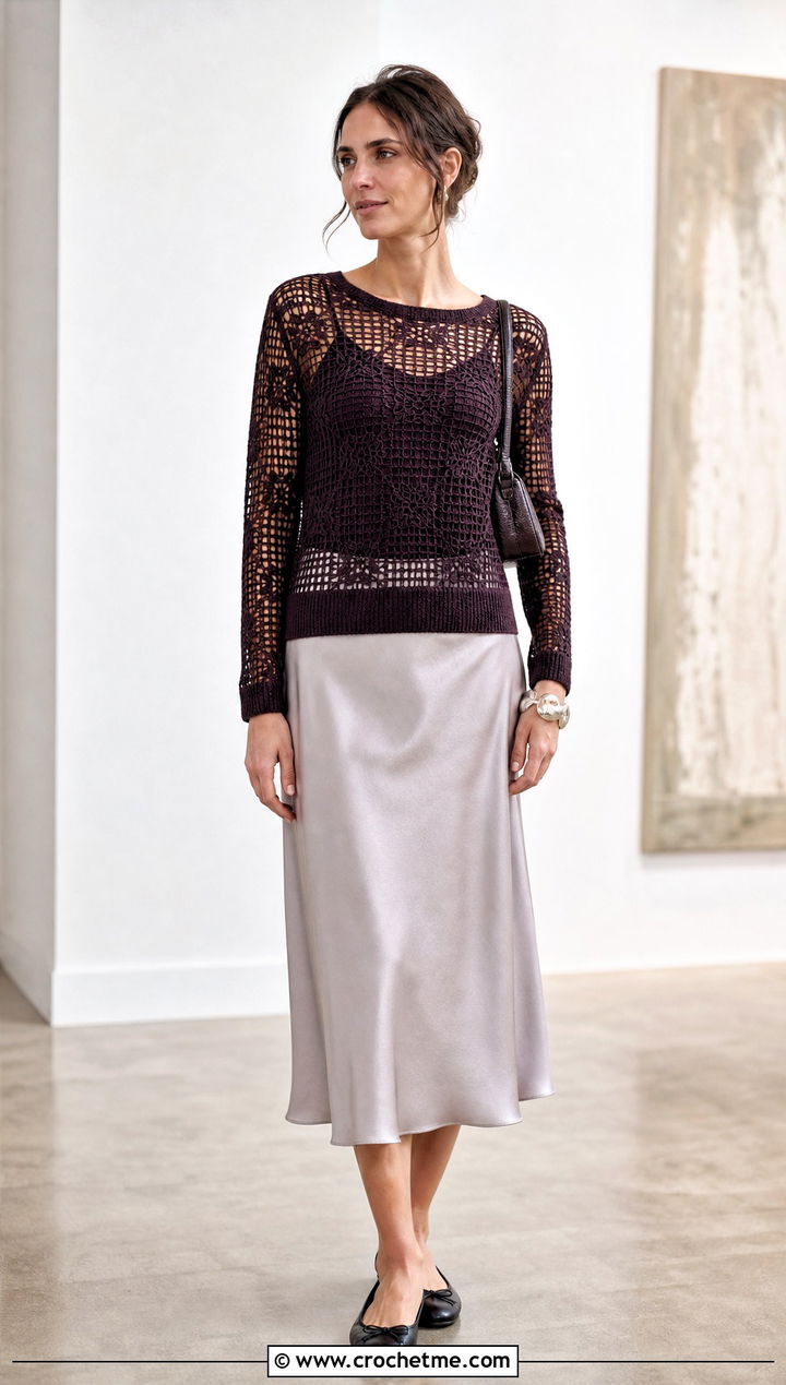 Filet Crochet Panel Sweater With Slip Skirt - 30 crochet panel sweater outfit ideas
