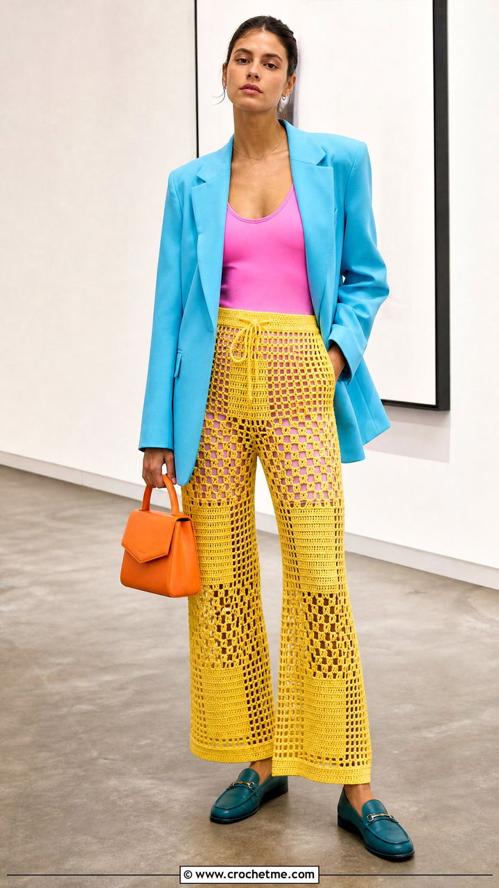 Filet Crochet Pants With Oversized Blazer - 35 crochet pants outfit ideas