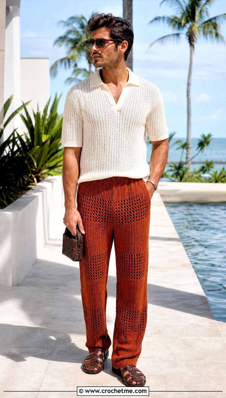 Filet Crochet Pants With Resort Polo - 30 mens crochet pants outfit ideas