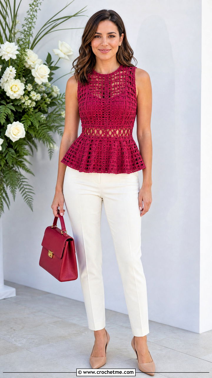 Filet Crochet Peplum Top With Cigarette Pants - 35 filet crochet top outfit ideas