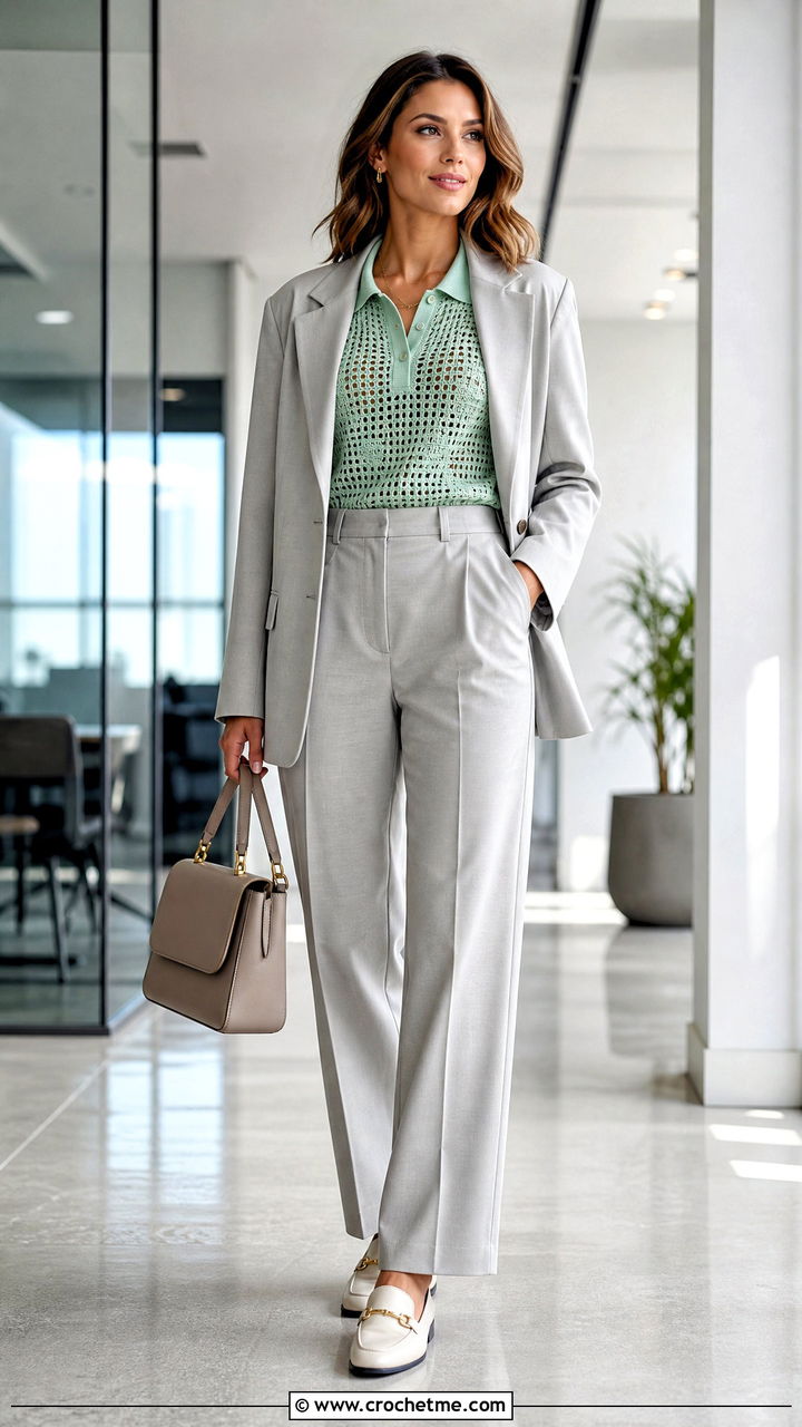Filet Crochet Polo Shirt With Blazer And Trousers - 35 crochet polo shirt outfit ideas