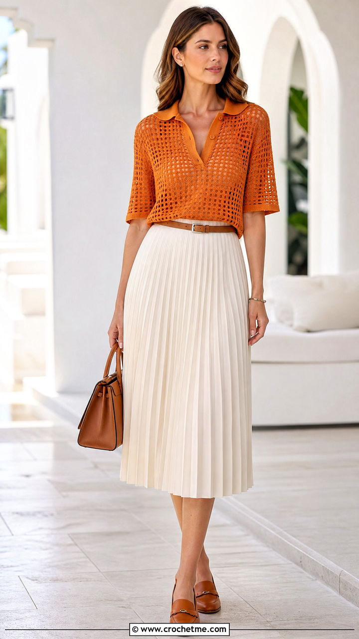 Filet Crochet Polo Sweater With Pleated Midi Skirt - 35 crochet sweaters outfit ideas