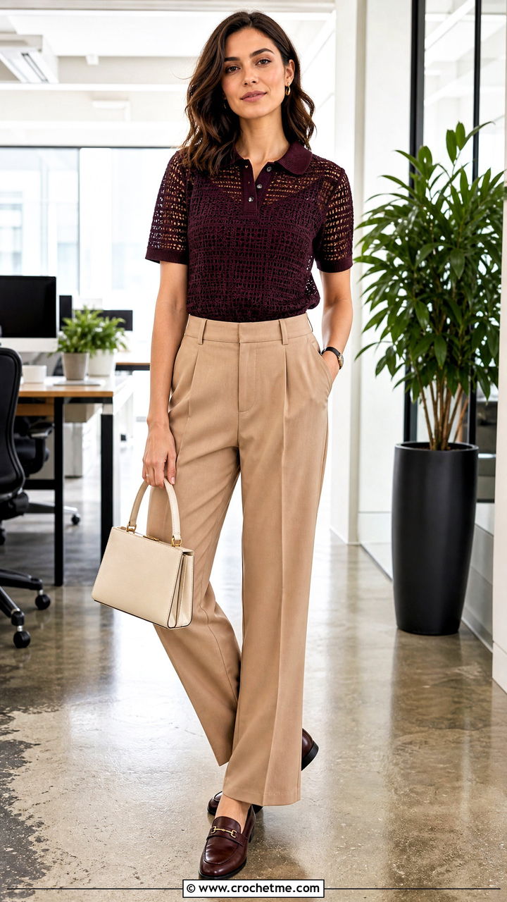 Filet Crochet Polo Top With Pleated Trousers - 35 fillet crochet top outfit ideas