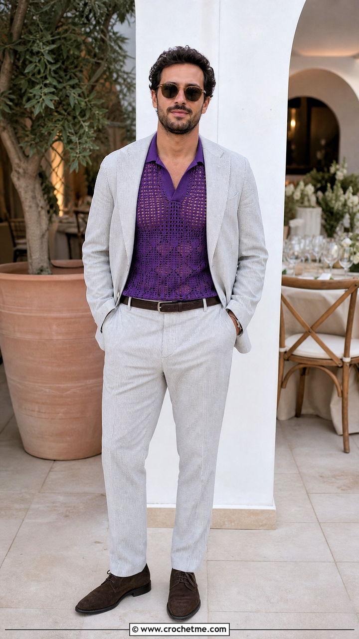 Filet Crochet Polo With Seersucker Suit - 35 crochet top for men outfit ideas