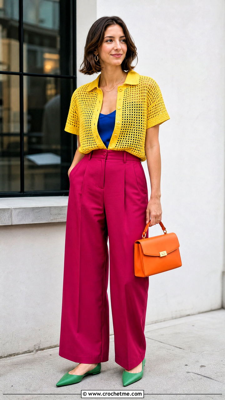 Filet Crochet Polo With Wide Leg Trousers - 35 crochet clothing and accessories ideas
