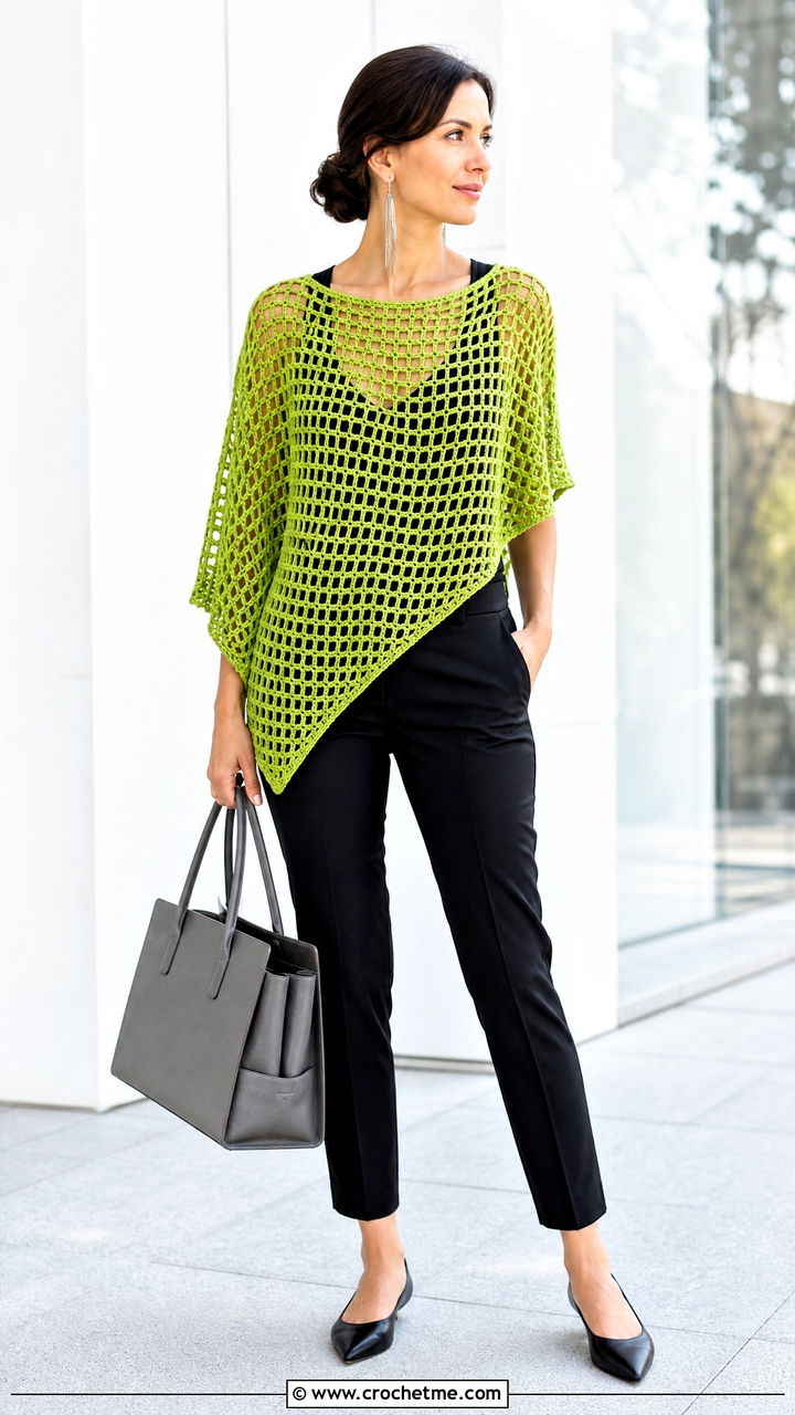 Filet Crochet Poncho Top With Slim Trousers - 35 fillet crochet top outfit ideas