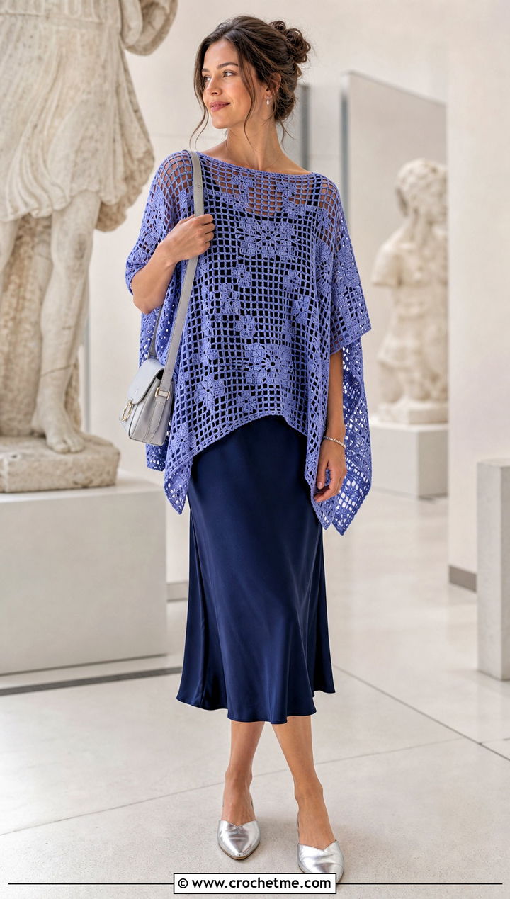 Filet Crochet Poncho Top With a Slip Dress - 25 Crochet Poncho Top outfit ideas