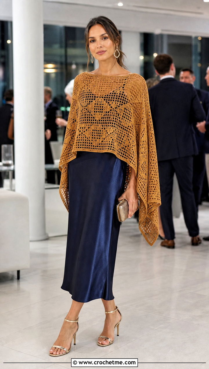 Filet Crochet Poncho With A Slip Dress - 25 Simple Crochet Poncho outfit ideas