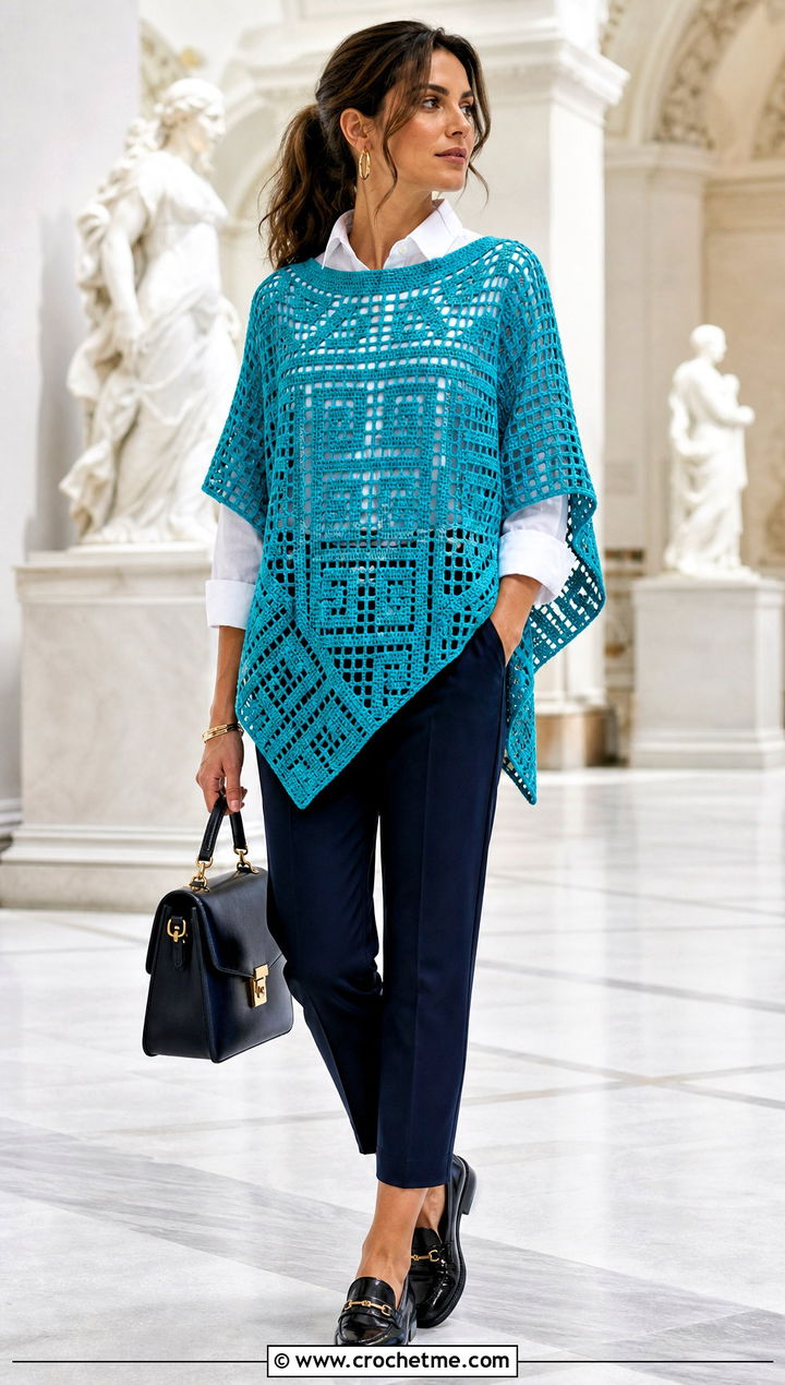 Filet Crochet Poncho With Button Down Shirt - 20 crochet lightweight poncho outfit ideas