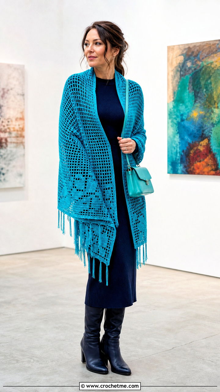Filet Crochet Prayer Shawl With Knit Dress And Boots - 35 easy crochet prayer shawls outfit ideas
