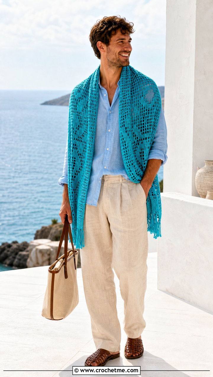 Filet Crochet Prayer Shawl With Linen Shirt And Pleated Trousers - 20 Mens Crochet Prayer Shawl outfit ideas