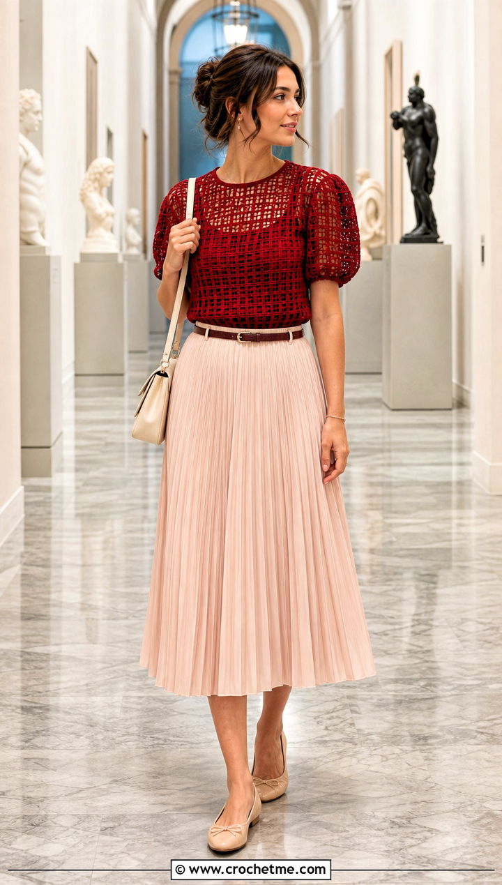 Filet Crochet Puff Top With Pleated Midi Skirt - 35 crochet puff top outfit ideas