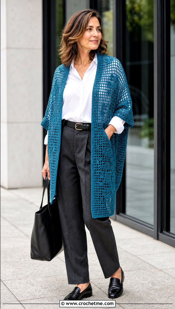 Filet Crochet Rectangle Shawl With Tailored Trousers - 35 Crochet Rectangle Shawl outfit ideas