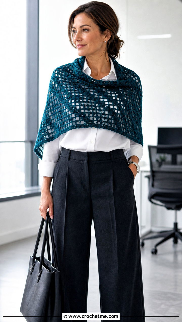 Filet Crochet Rectangular Shawl With Tailored Trousers - 30 crochet rectangular shawl outfit ideas