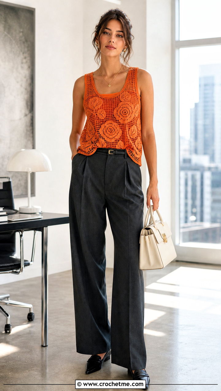 Filet Crochet Rose Tank Top With Tailored Trousers - 35 crochet rose top outfit ideas