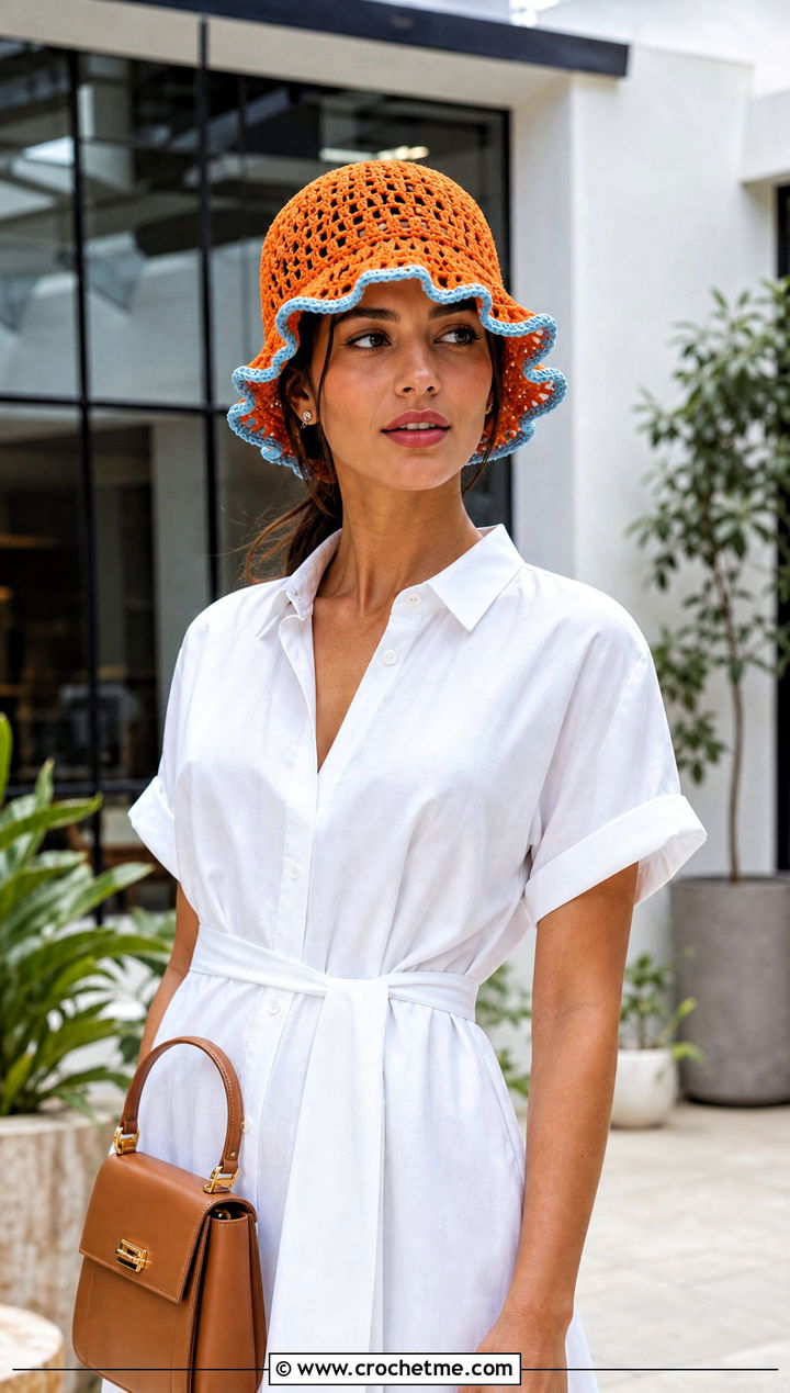 Filet Crochet Ruffle Bucket Hat With Shirt Dress - 25 Frilly Crochet Bucket Hat outfit ideas