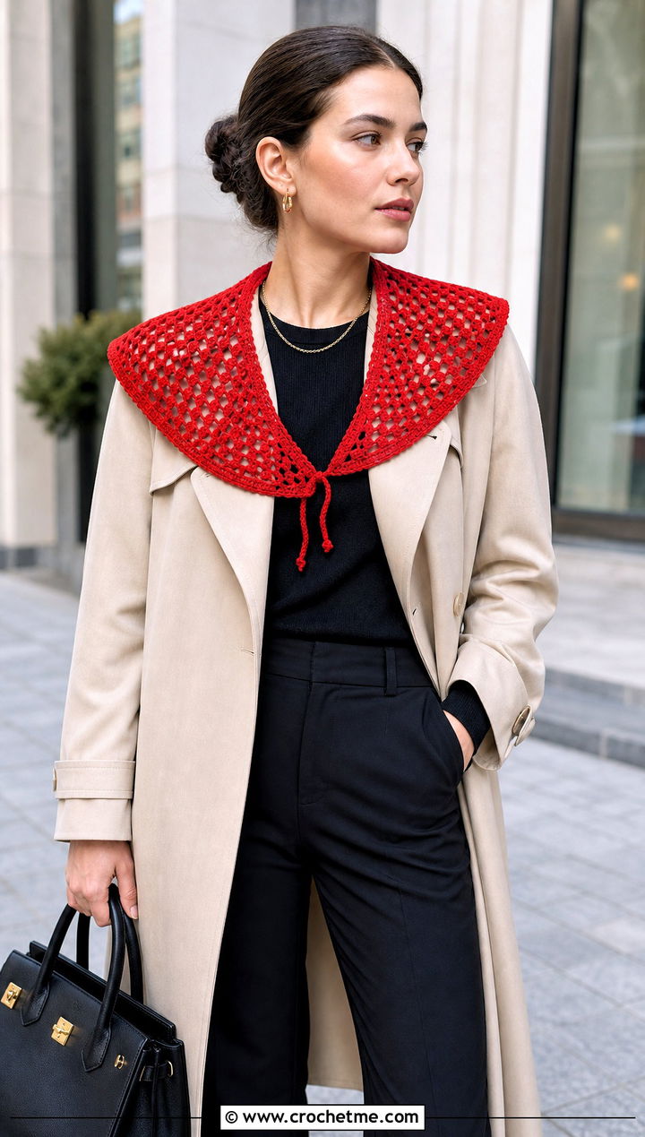 Filet Crochet Sailor Collar With Trench Coat And Knit Top - 30 crochet sailor collar outfit ideas