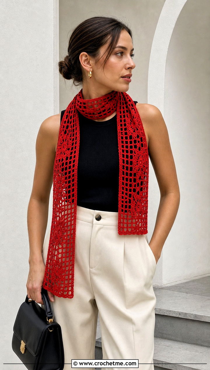 Filet Crochet Sally Scarf With Vest And Tailored Pants - 20 Crochet Sally Scarf outfit ideas